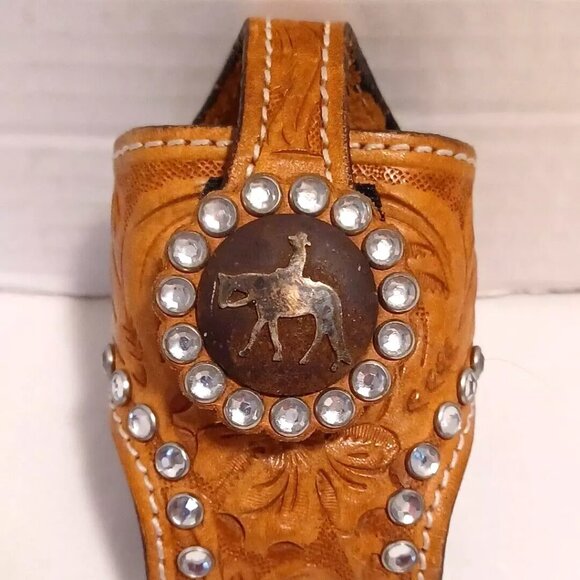 VTG Tooled Brown Tan Leather Western Cowboy Decor Flip Phone Holster Belt Clip - Picture 1 of 11